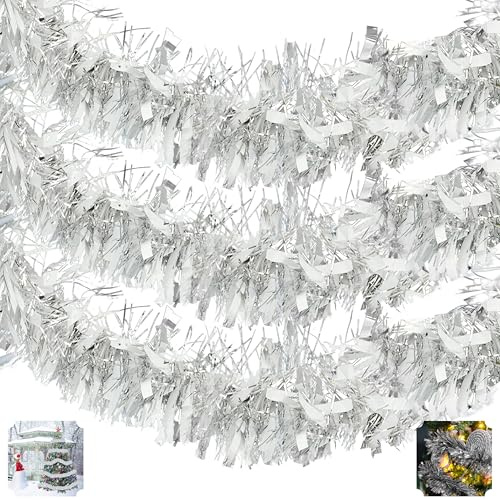 HOVUK® 3 Stück dicke und dünne Lametta-Weihnachtsbaum-Dekoration, Weihnachtsdekoration (2 m, 3 Stück in Weiß und Silber)