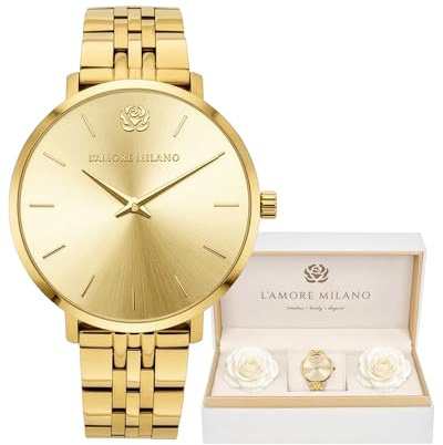 L'AMORE MILANO Damenuhr Rosenbox - Hochwertige Armbanduhr Edelstahl mit luxuriösem eckigem Design, wasserdicht 5 ATM - Edles Geschenk für Frauen, Freundin, Mutter - 36mm Damen Uhr