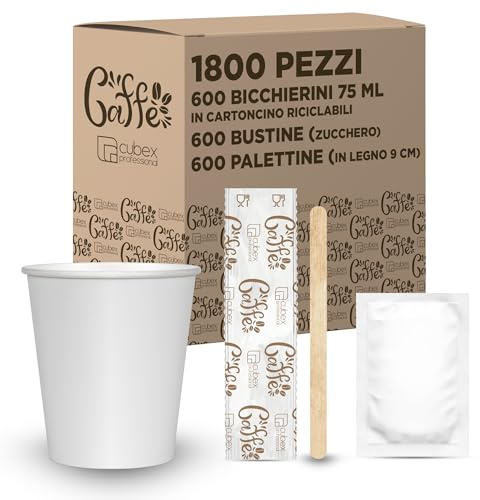 Kit de accesorios de café compuesto de 150 vasos de cartón reciclables de 75 ml, 150 sobres de azúcar, 150 touillettes de madera de 9 cm (4 kits de base (lote de 600 piezas)
