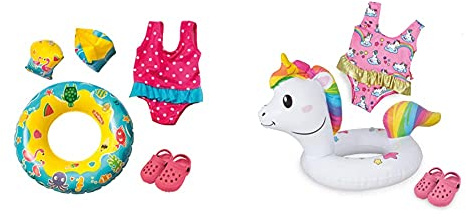 Heless 88 - Schwimmset für Puppen, Badeanzug, ClogsPuppengröße ca. 35-45 cm & 66 - Schwimmset für Puppen, 3 teilig, Motiv Einhorn Henri, Badeanzug, Clogs und Schwimmring, Größe 35-45 cm