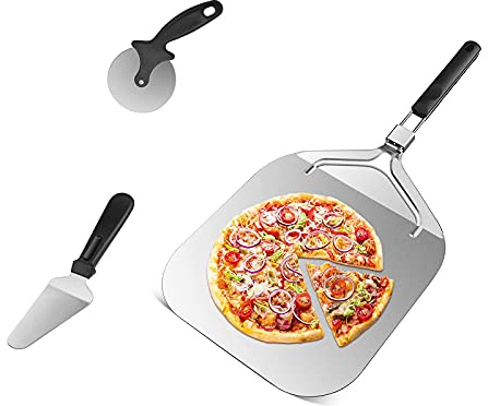 Pizza Peel 14 inch, 3 in 1 Foldable Pizza Set Wheel Cutter Shovel Paddle Pan, Stainless Steel Spatula for Homemade Bakery Biscuits Toasting Cakes Bread