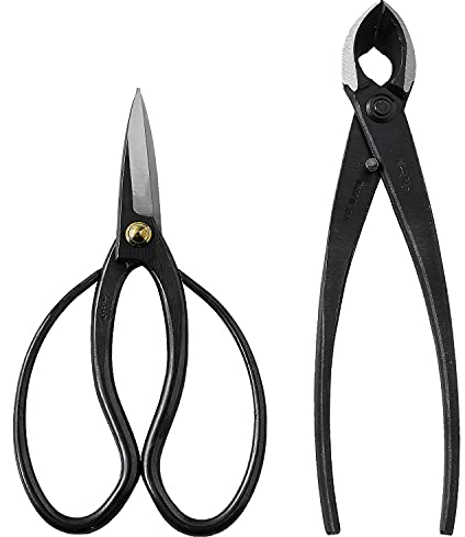 Wazakura Kit Outils Essentiels pour Bonsaï Japonais Fabriqué au Japon, Ciseaux Sécateur à Bonsaï 180mm avec Coupe Branches Concave 200mm