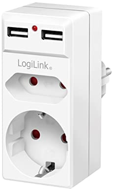 Logilink PA0276 - Steckdosenadapter (Stecker: CEE7/7) mit Schutzkontaktbuchse (CEE7/3) + 1x Eurobuchse (CEE7/16) + 2x USB-A