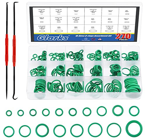 Glarks Lot de 270 joints toriques en caoutchouc vert de 18 tailles avec 2 mini crochets kit d'assortiment de crochets pour réparation de véhicules, climatisation, joints de