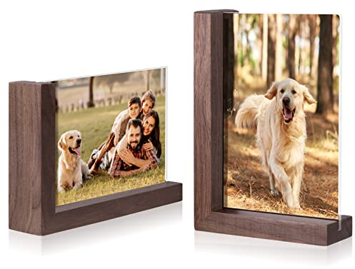 Mixoo 4x6 Picture Frames 2 Pack - Rustic Vintage Wooden Picture Frames 4x6 L-shape Wood Double Side Acrylic Photo Frame Vertical & Horizontal Display for Table Top or Desktop
