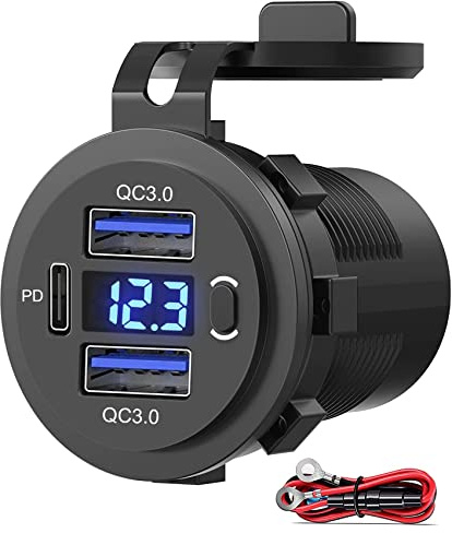 Dual USB Quick Charge 3.0 Port & PD USB C Car Charger Socket, 12V USB Outlet with Voltmeter and Power Switch for Car Boat Marine Truck