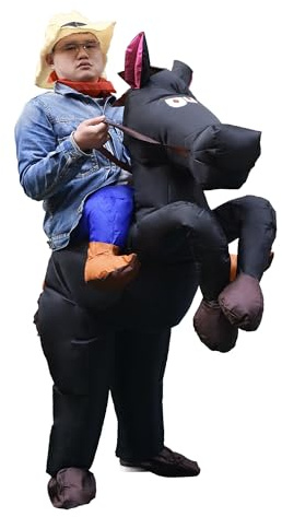 HIYAPATY Aufblasbares schwarzes Pferde-Kostüm, Cowboy-Reiter, Erwachsenengröße, Halloween-Party-Outfit