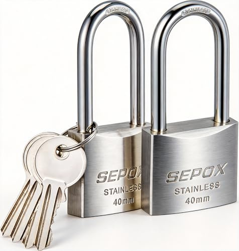 SEPOX® Cadenas à clés extérieurs professionnels résistants aux intempéries, anse longue en acier inoxydable SUS304 et corps de serrure 40mm, 2 cadenas avec 4 mêmes clés, pour marine, industriel