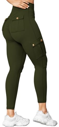 Nuofengkudu Gym Sportleggings Kvinnor Push Up Hög Midja Last Fickor Bekväma Mönster Matt Skinkor Stretch Fitness Byxor Träning Pilates, Armégrön, L