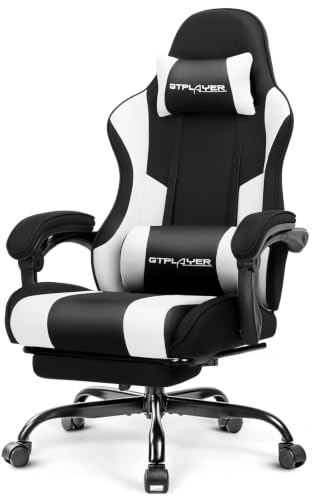 GTPLAYER Gaming Stuhl aus Stoff mit Fußstütze, Computerstuhl mit Massage Lendenwirbelstütze, Höhenverstellbarer Gaming Stuhl mit 363° Drehsitz und Kopfstütze für Büro oder Gaming Weiß-Schwarz