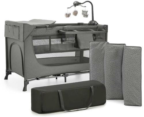 Kinderkraft Joy 2 Acc Kinderbett, 3 in 1 Kinderreisebett, Babybetten, Kinderbett, Reisebett, Modernes Design, Kleine Abmessungen nach Zusammenklappe, Praktisches Zubehör, Räder, Dunkelgrau