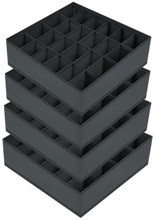 Joyoldelf 4 Stück Aufbewahrungsboxen für Socken und Unterwäsche, 24 Zellen Faltbare Boxen (Faltbox, Drawer Dividers, Schubladen Organizer Stoffboxen zum Aufbewahren von Socken（Dunkelgrau）