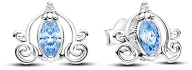 PANDORA Disney Orecchini a bottone con Cenerentola in argento Sterling con eleganti zirconi cubici azzurri e trasparenti
