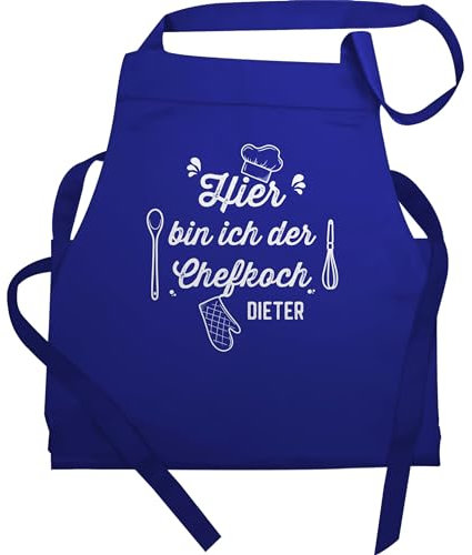 Schürze - Kochschürze Herren Männer - Hier bin ich der Chefkoch mit Name - 60x87 - Royalblau - küchenschürze für kochgeschenk koch schürzen herrenschürze kochen kochgeschenke hobbykoch