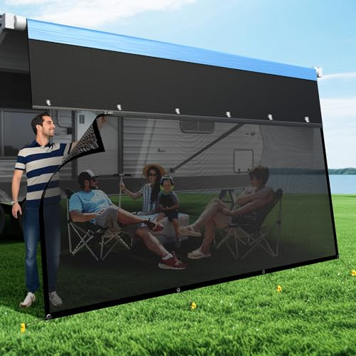 RV Awning Sun Shade Screen with Zipper, Upgrade 600D Oxford Top + 8.11oz Denser Mesh Bottom, 95% UV Protection, Easy Install Sunscreen Shade Complete Kits for Trailer Awning 8' x 19'3''