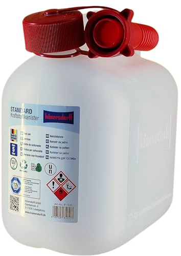 Benzinkanister hünersdorff 5 Liter transparent! Mit UN-Zulassung PREMIUM-Ausgiesser und Kinder-Sicherheitsverschraubung