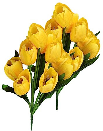 DSOUWEH 2pcs 9 têtes Bouquet Fleurs Artificielles Faux Tulipes Real Touch Mini Main De Mariée Faux Fleur pour Décoration Arrangements De Fête, Jaune/Grande Tête