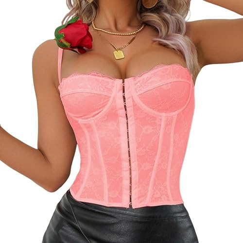 Haibang spetskorsett toppar för kvinnor justerbara spagettiremmar sexig nätbustier öppen rygg benad vintage gotisk punk linne gå ut korsett magtröja fest klubbkläder, Rosa, M