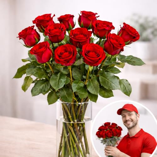 eFiori - 12 Rose Rosse VERE, CONSEGNA A MANO da un FIORISTA - Fiori per SAN VALENTINO -FIORI VERI - Dedica Personalizzata e Consegna Fiori a Domicilio - Rose a Calice Grande - Idea Regalo per lei