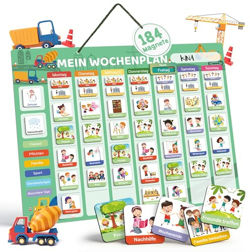 BIROYAL Wochenplaner für Kinder | Montessori Magnettafel inkl. 184 Magnete & Kordel | Kalender beschreib- & abwischbar | magnetisches Lernspielzeug auf Deutsch für Kinder, Baufahrzeug