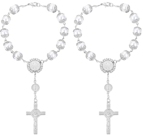 Flaconi Rosenkranz Auto,Auto Anhänger für Spiegel,Auto Spiegel Deko,Kreuz für Auto,Innenraum Spiegel Zubehör,Anhänger Kreuz Ornament,Geeignet für Auto-Rückspiegel-Aufhängungszubehör (Weiß)