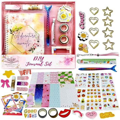 Productella Diario Scrapbooking Niña, Regalo Kit Manualidades Scrapbook, DIY Journal Set de Papelería con Pegatinas y Accesorios, Juguete Creativo Cumpleaños Niños 5 6 7 8 9 10 11 12 13 Años