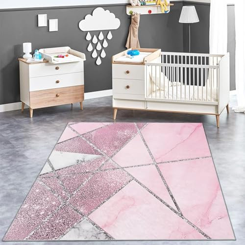 Teppich Wohnzimmer 180 x 250 cm Teppich Waschbar, Funkelnder Marmor Pflegeleicht und Weich - Ideal für Schlafzimmer, Esszimer und als Küchenteppich Rosa