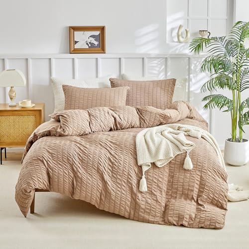 DuShow Juego de funda de edredón tamaño king, color gris pardo texturizado, patrón de sirsaca, ropa de cama suave y transpirable con cremallera, incluye 2 fundas de almohada, 220 x 230 cm