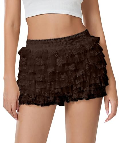 Damen Bloomer Shorts Y2k Spitze Kurze Hosen Mehrlagig Rüschen Elastische Niedrige Taille Hot Pants Mini Pettipants Teenager Mädchen Elegant Ruffl Lace Lolita Petticoat Party Spitzenshorts