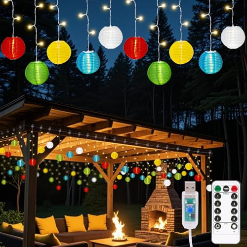 BomKra Lichterkette Lampions Außen, 100 LED Laternen Lichterkette Wetterfest mit Fernbedienung, 8 Modi, Timer, für Garten, Balkon, Hof, Party Deko