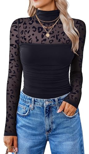 Avidlove Transparent Mesh-topp Elegant Kortärmad Bodytoppar Dambody Sexig Bodysuit Leopardfärgad Svart S