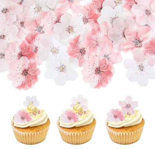 Ouligay 50 Stück Kirschblüten Tortendeko Essbar Rosa Essbare Blumen für Torte Esspapier Tortendeko Kirschblüte Muffin Deko Kuchen Deko Essbare Blüten Cupcake Topper für Hochzeit Geburtstag Jubiläum