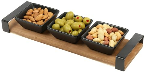URBNLIVING 4-Piece Serving Set - 3 Black Ceramic Square Bowls with Acacia Wood Board & Metal Handles - Stylish Tapas, Snacks, Dips & Appetiser Platter in Gift Box - Ideal for Relishes, Chutneys