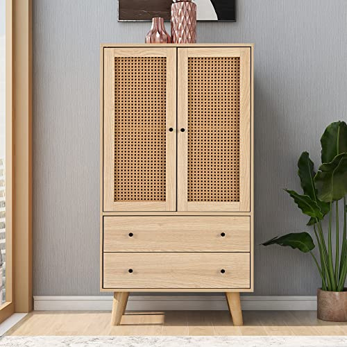 Merax Rattan Sideboard Kommode Wohnzimmer mit 2 Rattantüren und 2 Schubladen, Sideboard Holz Buffet Aufbewahrungsschrank Küchenschrank mit 4 Stauräumen, Eiche/60x40x120cm
