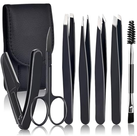 SGERUFZ set 7 pinzette precisione per donne con custodia da viaggio - pinzetta acciaio inox per sopracciglia, forbici, rasoio per peli incarniti (nero)