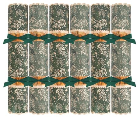 YöL Pack of 6 Deluxe Green Gold Foliage Christmas Crackers - 13.5 Metallic Festive Xmas Holiday Dinner Table Decorations - Novelty Fun Prizes Gifts Contains Hats Jokes