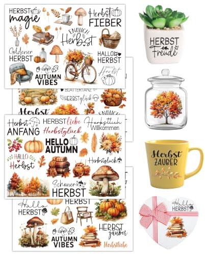 Rub On Sticker Herbst - DIY Transferfolie für Gläser Windlicht Deko | Wasserfeste Rub On Sticker mit Herbst Motiven. Nahtlose Transferfolie, ideal für DIY Windlichter, Scrapbooking und Basteln