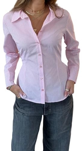 Women's Striped Button Down Shirts Ruched Slim Fit Solid Color Lapel Collar Long Sleeve Blouse Y2k Office Work Tops (Pink, S)