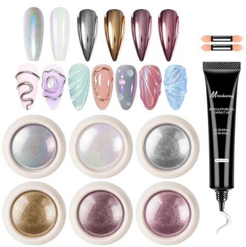 KYDA 6PCS Chrome Nail Powder with 15ml 3D Nail Gel, Gold Sliver Rose Gold Champagne Rubbing Dust, Metallic Mirror Pigment Powder and Non-Sticky Sculpting Gel for DIY Nails Designs-B