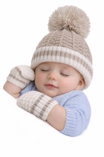 SOHOBABY Baby Boys & Girls Pom Pom Hat with Matching Mittens – 0–12 Months