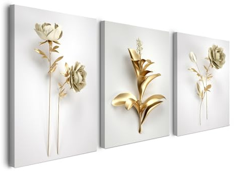 3er Set Wandbild mit Rahmen 30×40 cm – Gold Blumen Botanical Print Leinwandbilder für Wohnzimmer Schlafzimmer Küche Flur Büro – Elegante Wanddeko mit Rahmen, inkl. Haken, Nägel & Magischem Klett