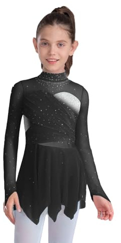 Choomomo Mädchen Eiskunstlauf Kleid Langarm Ballettkleid Lyrischen Tanzkleid Mesh Patchwork Tanztrikot Mit Tutu Rock Rollkunstlauf Kürkleid