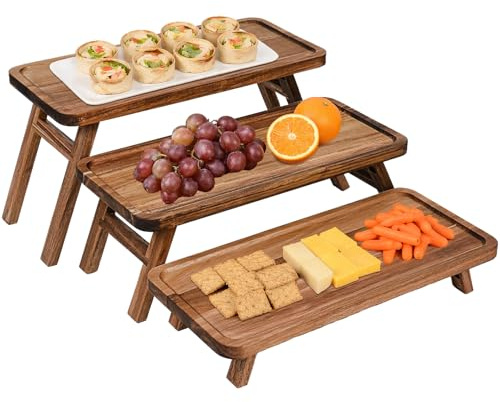 3 Tier Serving Tray Acacia Wooden Tiered Tray Stand Foldable Dessert Table Display Set Decor Charcuterie Boards for Party, Birthday, Wedding, Christmas