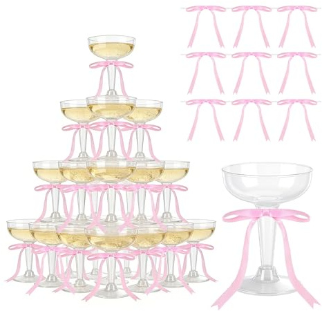 50PCS Disposable Plastic Champagne Glasses Coupe, Bow Wine Glasses Martini Coupe with Pink Satin Ribbon Bow Clear Acrylic Cocktail Glasswares Champagne Tower Birthday Wedding Graduations Party (Pink)