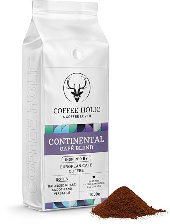 Coffeeholic Continental European Cafe Blend Ground Coffee 1kg – Smooth, Balanced Roast, Medium Roast Ground Coffee for Cafetiere, Espresso Machines & Filter Coffee, Ground Coffee Gift Set