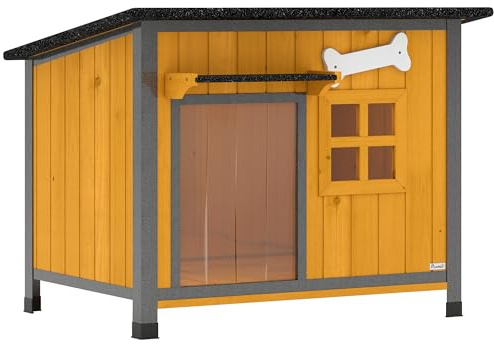 PawHut: caseta para perros de exterior de madera y acero resistente a los mordiscos, caseta elevada con techo inclinado abatible e impermeable, suelo extraíble, cortina para la puerta, marquesina,