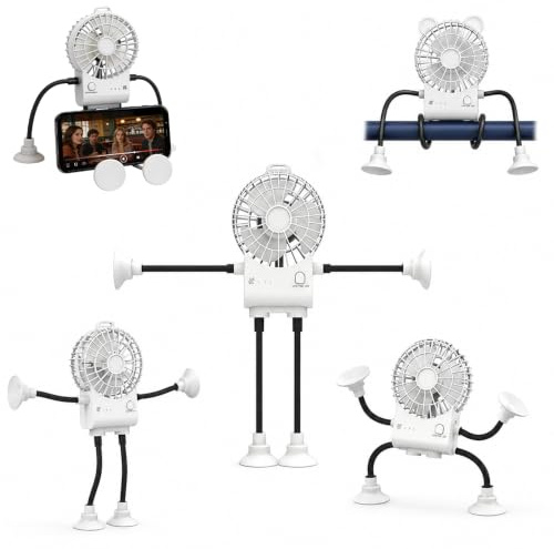 AVCXEC USB Desk Fan, Desk Fans with Suction Cups, Fun Robot Small Fans for Desk, Portable Clip on Fan Rechargeable Desktop Fan, 3 Speeds, Mini Table Fan with Flexible Legs for Office, Travel and Cars