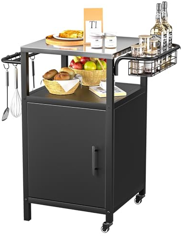 Yvsevnr Edelstahl Grillwagen 3-Etagen, Grilltisch Outdoor mit Schrank, Outdoorküche mit 2 Rollen, 4 Haken & Griff, Outdoor Grill Trolley, Grill Beistelltisch Servierwagen für Garten Picknicks Partys