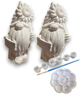 Paint Your Own Sunflower Gnome Figurines, Plaster of Paris, Set of 2, with 6 Colours, Brush and Palette, 11 x 6.5 x 5.5 cm- Paint Your own gnome Pottery