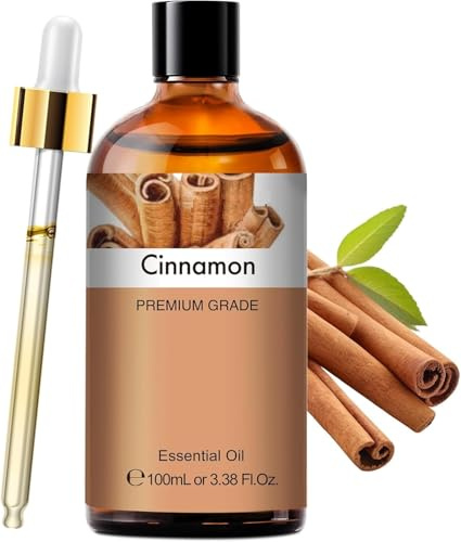 Olio Essenziale alla Cannella Puro 100% 100ml 3.38 Fl Oz | Ideale per Aromaterapia, Cura della Pelle, Pulizia Casa, Candele e Saponi Fai da Te